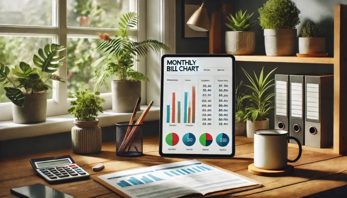Minimalist home office with digital tablet displaying a colorful monthly bill chart, symbolizing simplified personal finance and frugal living