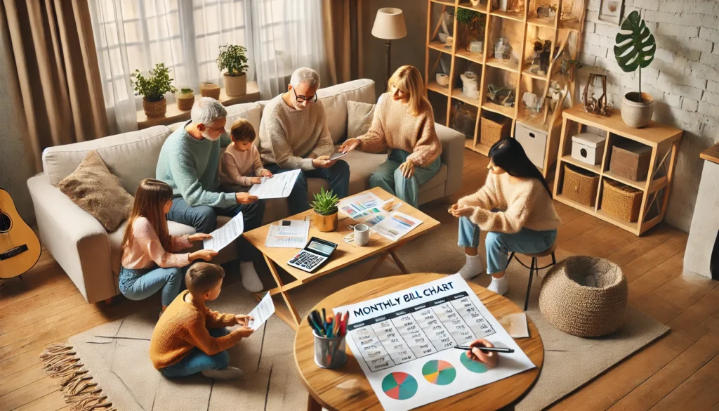 Family in a cozy living room reviewing a monthly bill chart together, reflecting collaborative budgeting and frugal financial planning