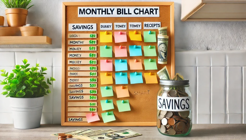 Kitchen corkboard with colorful monthly bill chart and savings jar, representing frugal living and home-based financial tracking