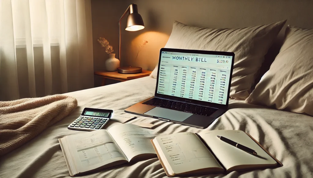 Peaceful bedroom workspace with a laptop displaying a monthly bill chart, symbolizing organized personal finance and frugal budgeting