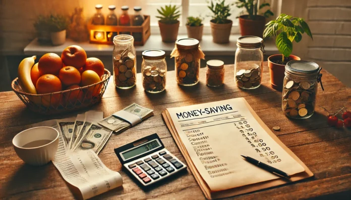 Cozy dining table with a handwritten money-saving sheet, grocery receipts, a calculator, and pantry staples—capturing a frugal meal planning session focused on mindful budgeting