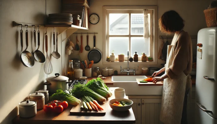 A cozy, minimalist kitchen with a person preparing a simple meal using fresh vegetables, vintage cookware, and natural lighting—capturing the essence of frugal home cooking