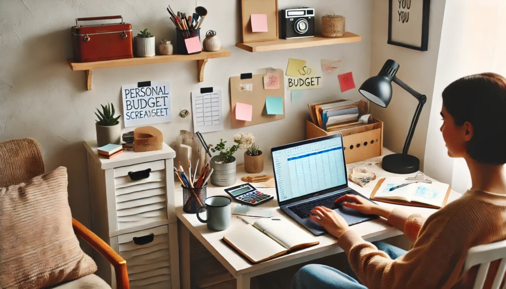 A tidy home office with a person working on a budget spreadsheet on a laptop, surrounded by thrifted furniture and simple decor—highlighting frugal financial planning at home