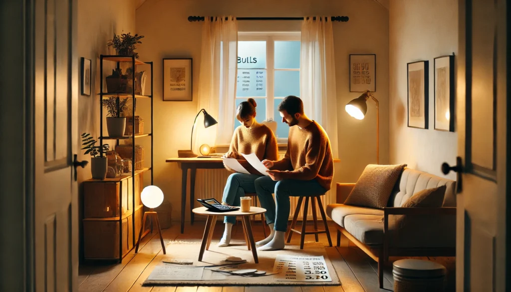 A couple reviewing bills together at a modest table in a cozy, uncluttered living room with second-hand furniture—symbolizing teamwork in frugal financial management