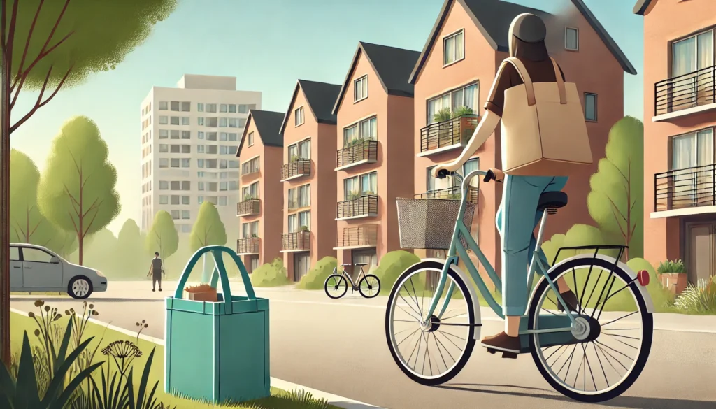 A person riding a bicycle through a quiet neighborhood with modest apartments, carrying a reusable shopping bag—visually representing frugal and eco-friendly lifestyle choices