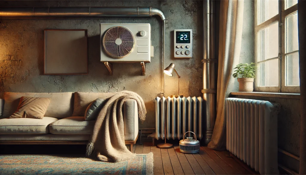 Realistic living room with an old HVAC unit, thermostat set low, space heater in the corner, and a worn blanket on the couch, symbolizing overlooked heating and energy costs in frugal living