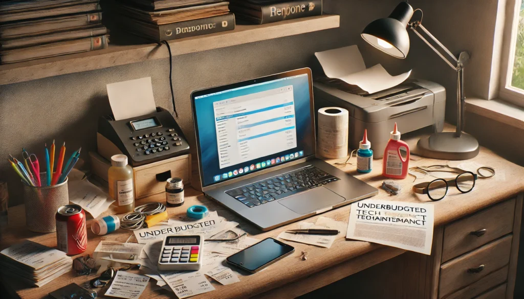 Realistic home office with an old laptop, scattered receipts, printer ink cartridge, and internet cable, representing overlooked tech maintenance and subscription costs in a frugal budget