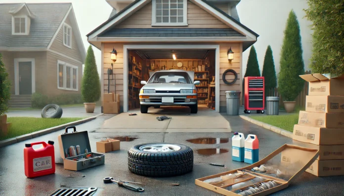 Realistic front yard with an old car, flat tire repair kit, and garage stocked with maintenance supplies, illustrating often-overlooked vehicle upkeep costs in a frugal living budget