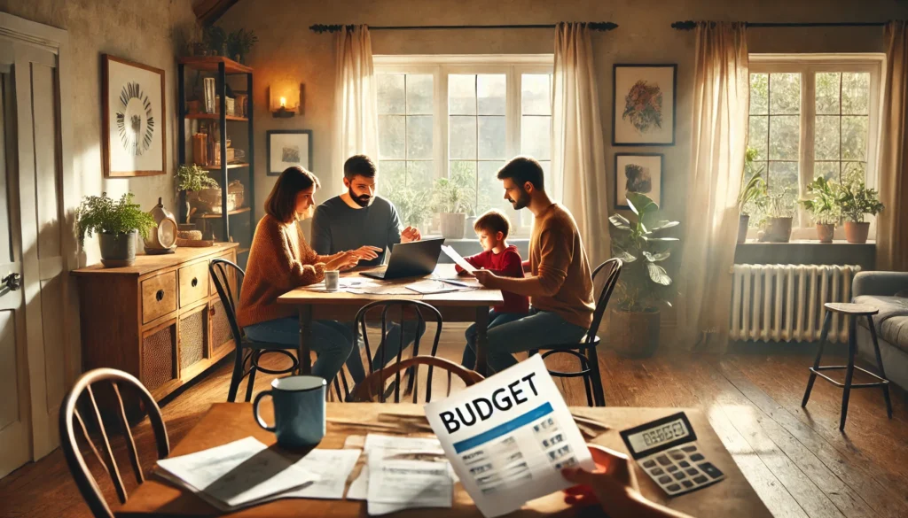 A warm, sunlit dining room where a family collaborates on budgeting with a laptop and papers, symbolizing frugal living through free digital tools