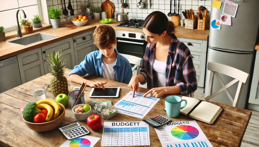 A parent and teenager reviewing budgeting charts at a kitchen table with a tablet, snacks, and colorful visuals, symbolizing free, family-centered financial education and frugal living
