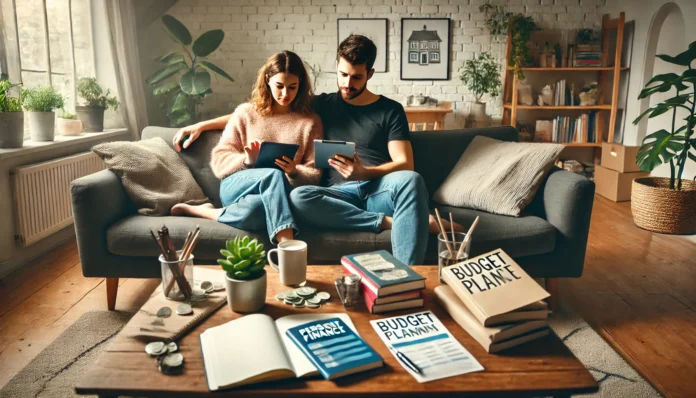 A couple sitting on a cozy living room couch using a tablet, surrounded by personal finance books and budget materials, depicting frugal home budgeting with free tools