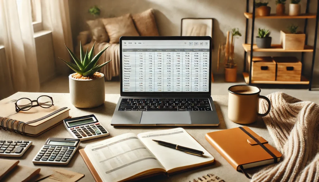 Minimalist home office with open laptop displaying budgeting spreadsheet, symbolizing organized frugal living and income-vs-expense tracking
