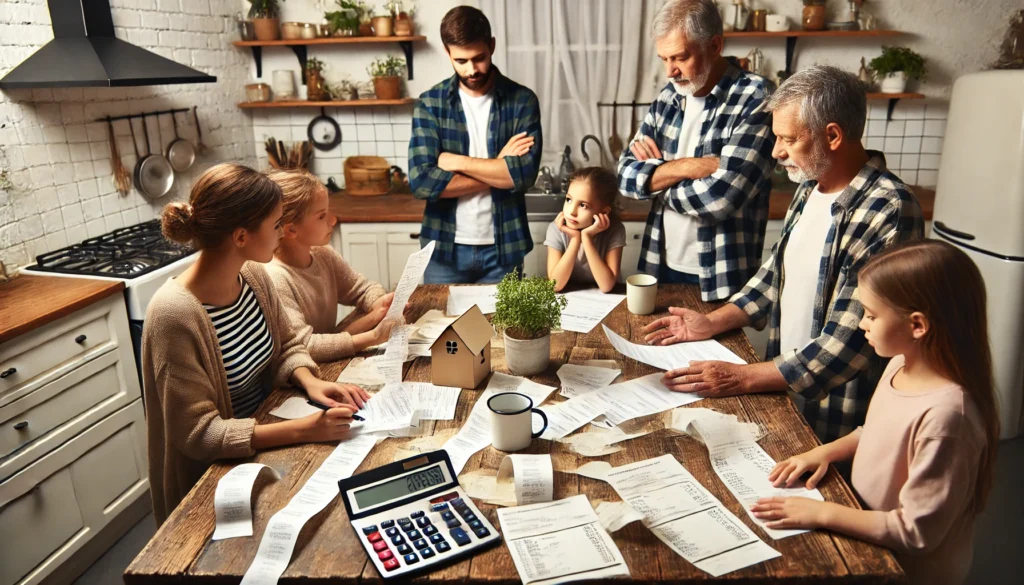 Family reviewing receipts and budget notes at a kitchen table, representing collaborative frugal planning and managing income versus expenses