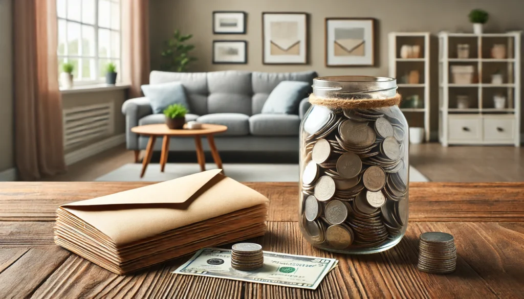 Glass jar filled with coins and plain envelopes on a wooden table, symbolizing classic frugal budgeting in a tidy, modest living room