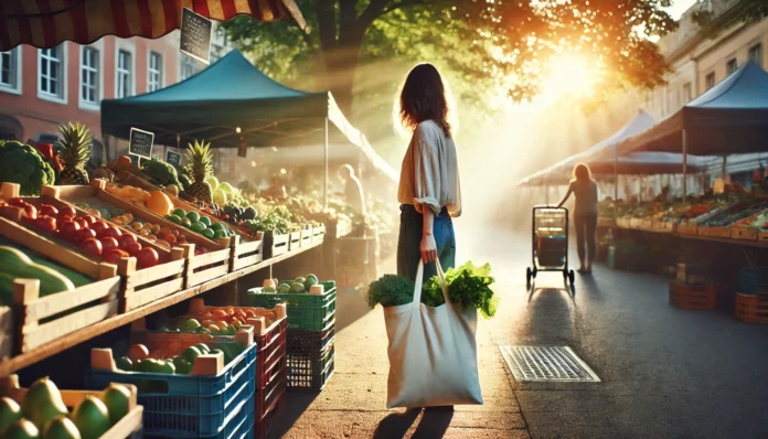 Person walking through a sunlit farmer’s market with a reusable bag of produce, capturing frugal, intentional shopping with no visible text or signage