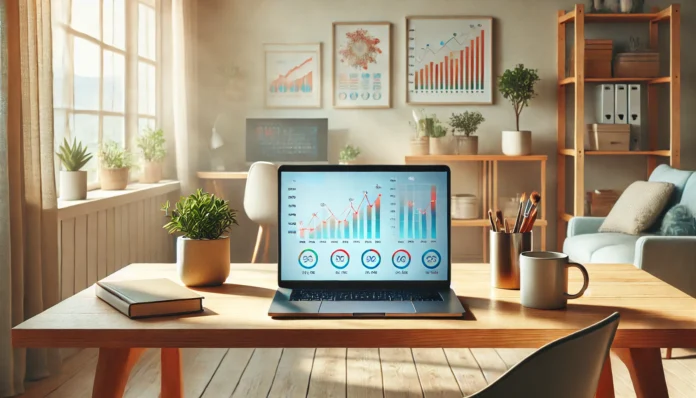 Minimalist home office with a laptop displaying colorful income tracking charts on a wooden desk, surrounded by natural light and calm decor—symbolizing organized budgeting through digital tools