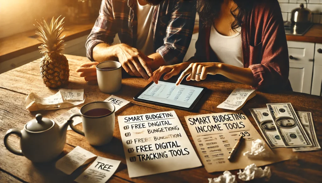 A couple reviewing finances together at a cozy kitchen table with a tablet, receipts, and tea—illustrating collaborative frugal living and smart budgeting using free income trackers
