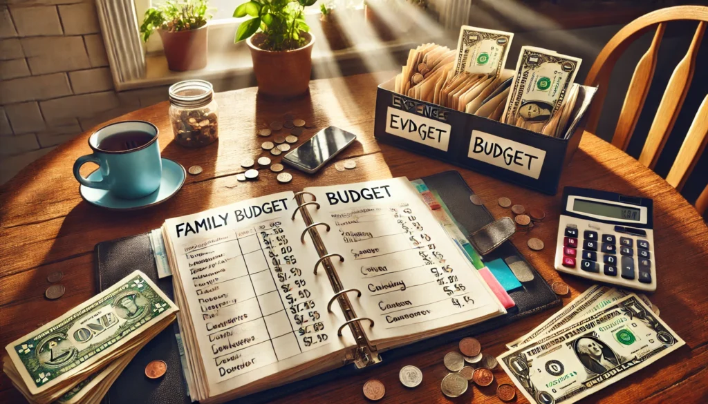 A cozy kitchen table setup with a handwritten expense binder, cash envelopes, coins, and a phone calculator, capturing the essence of home-based budgeting and frugal financial planning