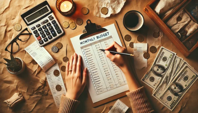 Overhead view of someone filling out a paper budget worksheet with receipts, coins, calculator, and coffee on a desk—illustrating hands-on financial planning and practical frugal living habits