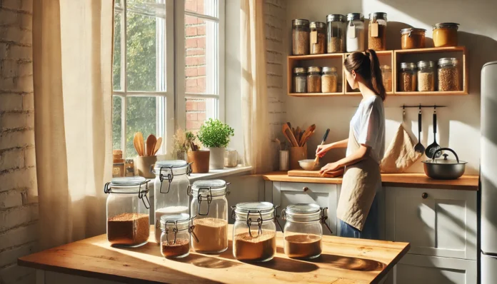 A sunlit minimalist kitchen with reusable containers, bulk dry goods in glass jars, and a home-cooked meal being prepared on a wooden countertop, representing frugal living and mindful spending
