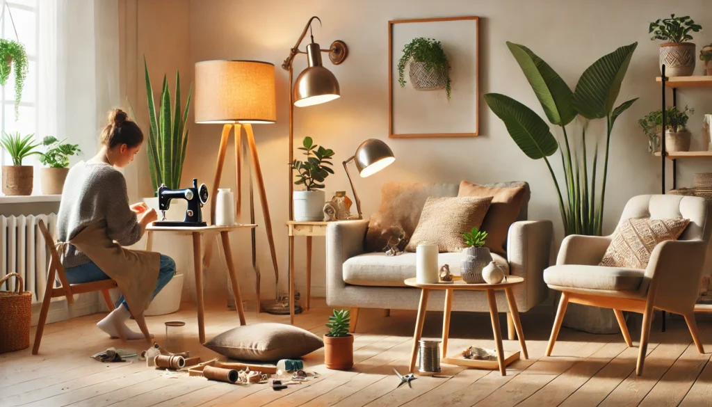 A well-lit living room with second-hand furniture, indoor plants, and a person sewing a cushion, visually capturing frugal DIY home improvement and practical money-saving habits