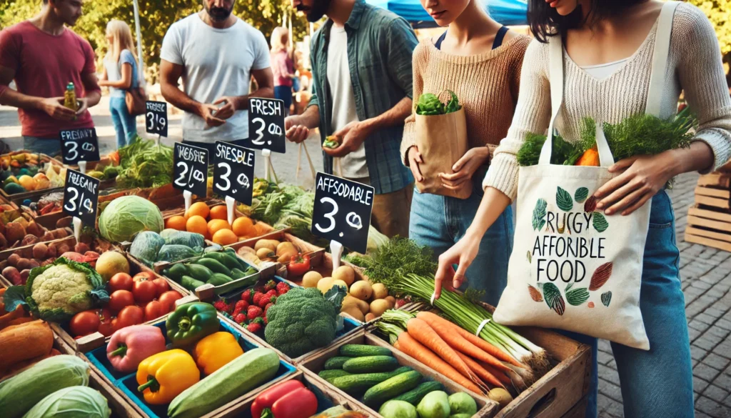 A vibrant farmer's market scene with shoppers using reusable bags, selecting fresh produce, and comparing prices—representing wise grocery spending and frugal living choices