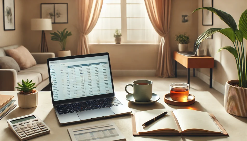 A peaceful home office with a laptop displaying a budgeting spreadsheet, a notebook, and a cup of tea—symbolizing organized financial planning and intentional, frugal money habits