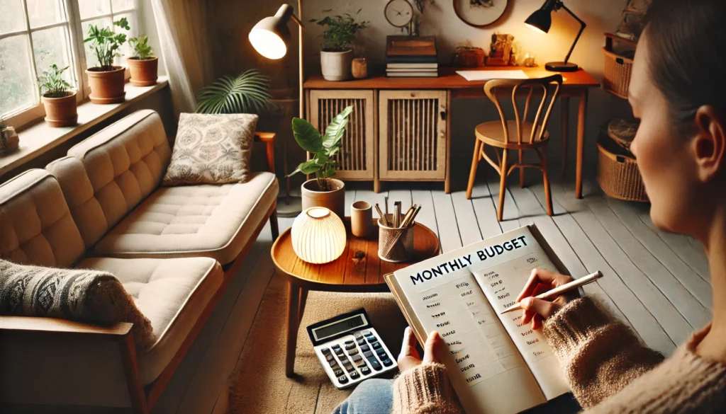 Peaceful living room with secondhand furniture and a person calmly reviewing their budget at a desk—capturing the essence of simple, frugal living without financial anxiety
