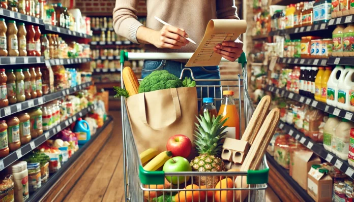 Smiling person shopping with a list at a small local market, filling a cart with healthy, budget-friendly items—illustrating mindful, frugal grocery habits while living paycheck to paycheck
