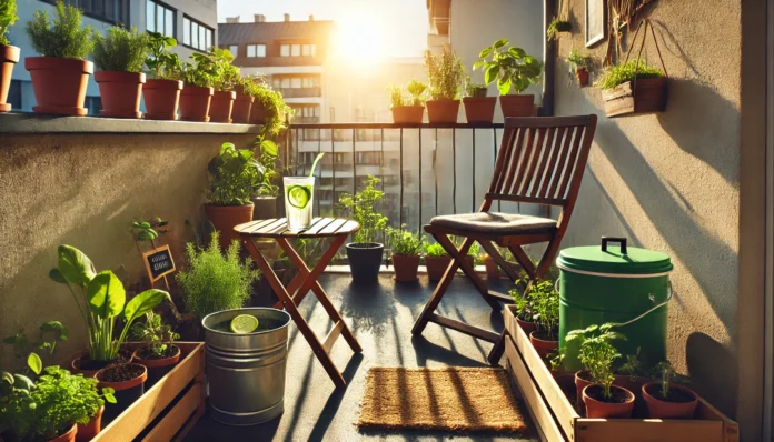 Urban balcony garden with homegrown vegetables and herbs, representing daily savings through sustainable, frugal living