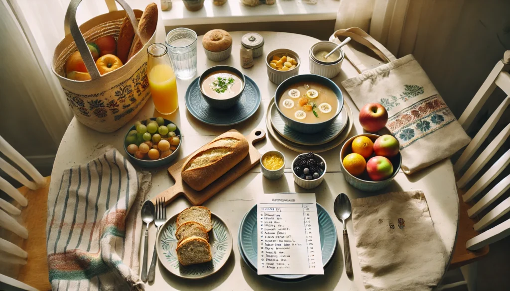 Homemade meal on a modest dining table with natural lighting, mismatched dishes, and signs of budget-conscious grocery planning