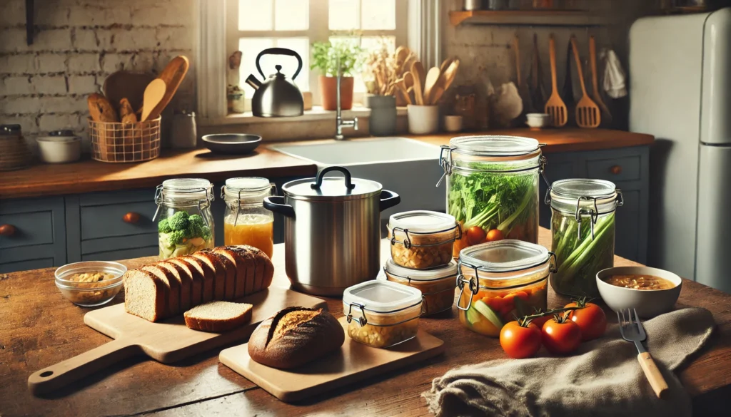 Homemade meals in reusable containers on a wooden kitchen counter, surrounded by fresh vegetables and natural light, symbolizing frugal living through cooking at home