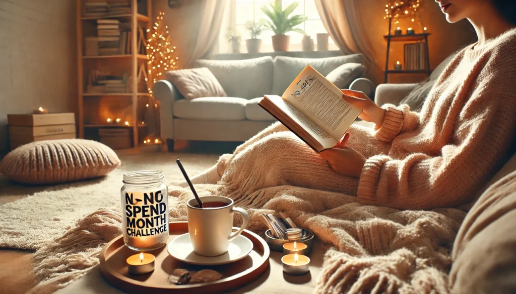 Peaceful living room with a person reading a book under a blanket and sipping tea, highlighting a no-spend lifestyle through simple, cost-free relaxation at home