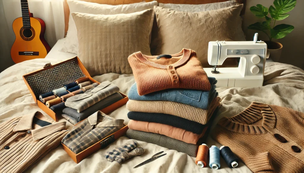 Folded secondhand clothes and a sewing kit on a bed with warm natural light, reflecting frugal living through repairing and reusing clothing during a no-spend month