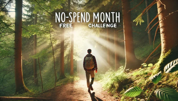 A person walking alone on a peaceful forest trail with sunlight streaming through the trees, symbolizing free and mindful outdoor experiences during a no-spend challenge