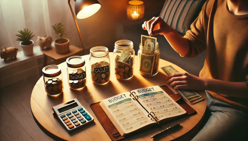 Frugal home scene with a person dividing cash into glass jars labeled for budgeting categories, surrounded by a planner and simple furnishings—symbolizing mindful paycheck allocation