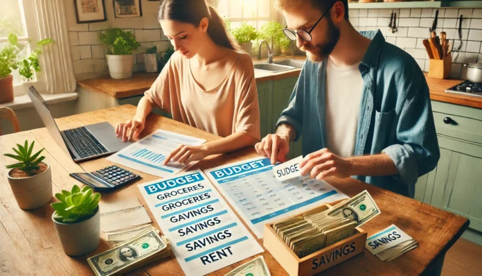 Frugal family budgeting scene at a kitchen table with two adults organizing income using envelopes, paper budgets, and a laptop—capturing teamwork in paycheck division for smart money management