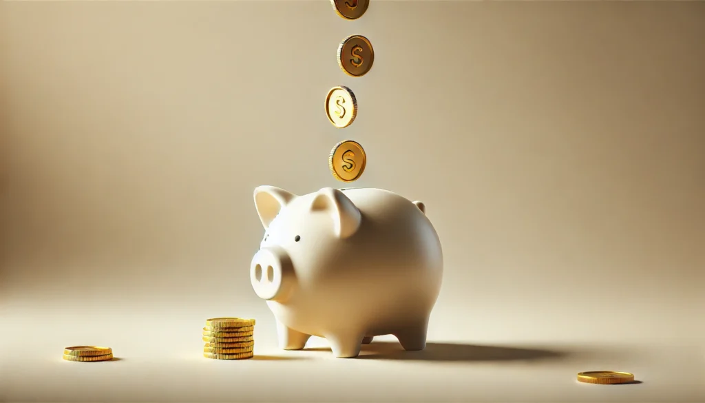 A minimalist piggy bank with golden coins dropping into it, symbolizing monthly savings. The soft and modern background creates an inviting atmosphere, visually conveying smart money-saving habits