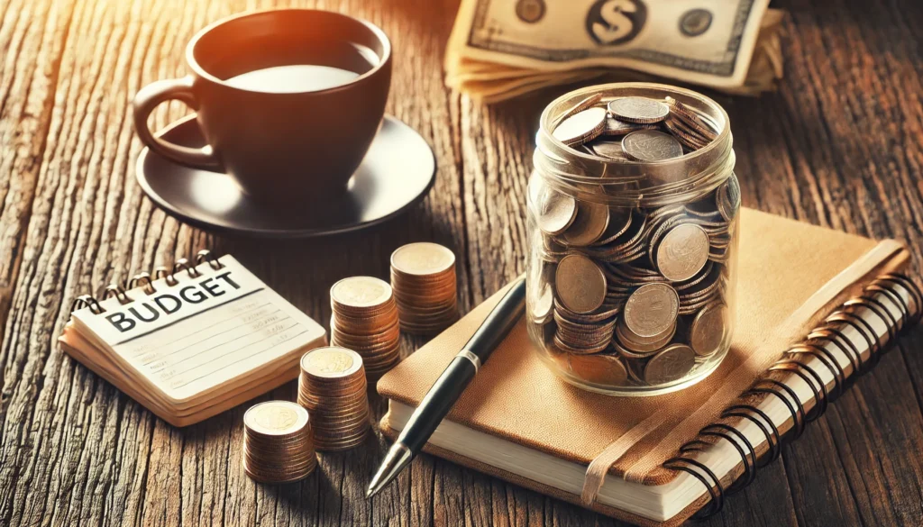 A mason jar filled with neatly stacked coins sits on a cozy wooden table beside a budget notebook and a cup of coffee, representing a strategic and mindful approach to monthly savings and frugal living