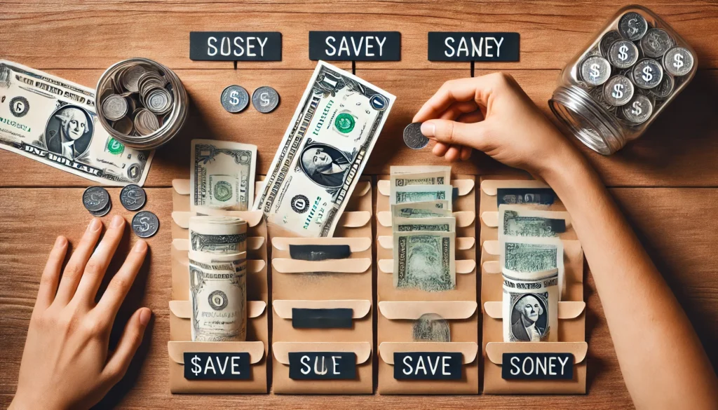 A budgeting envelope system with labeled cash compartments on a wooden surface. A hand places money into one of the envelopes, illustrating a disciplined and practical approach to monthly savings