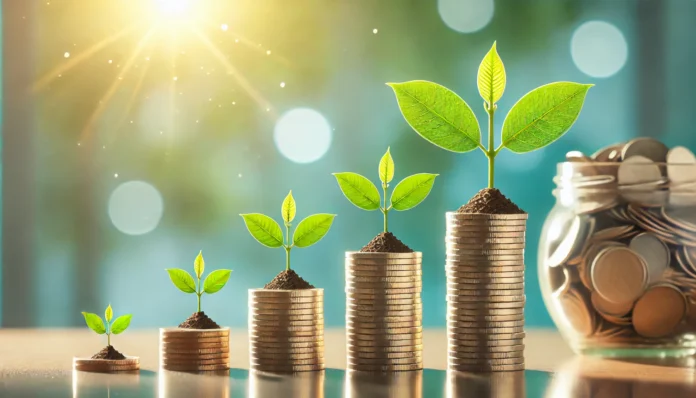 A small plant sprouting from a stack of neatly arranged coins, symbolizing financial growth, wealth accumulation, and long-term savings strategies. The bright and optimistic background emphasizes the importance of saving