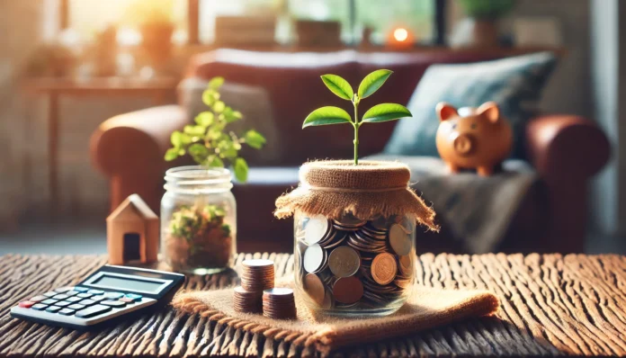 A cozy home setting featuring a glass jar filled with coins and a small plant sprouting from it, symbolizing savings and financial growth. The warm lighting and natural elements convey a sense of financial security and responsible money management