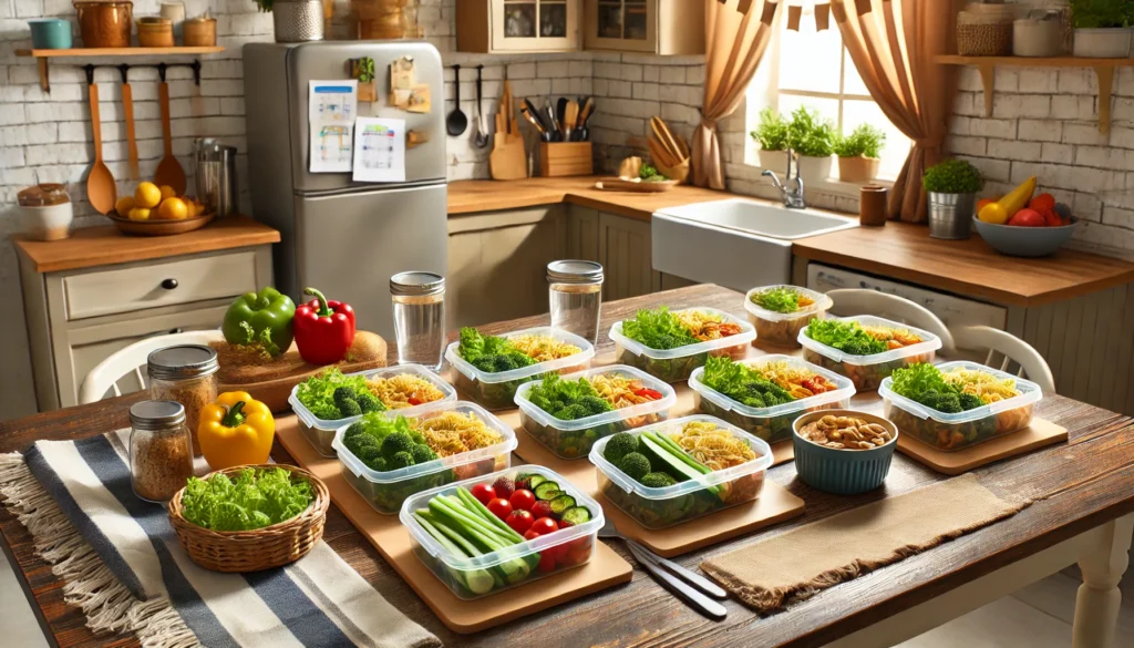 A cozy home kitchen featuring meal prep containers filled with nutritious homemade food, symbolizing cost-effective meal planning and saving money by cooking at home