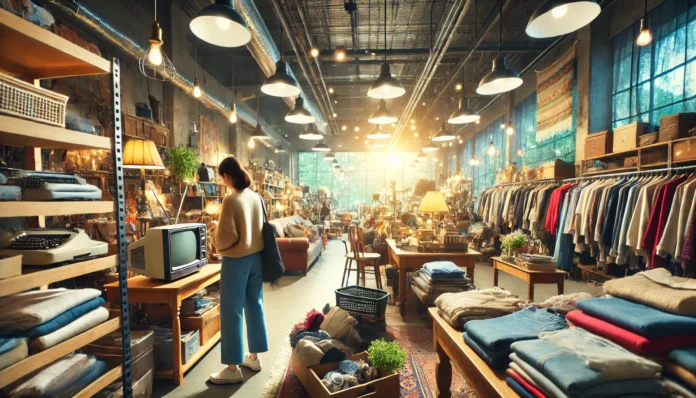 A person browses through second-hand clothes and household items in a well-organized thrift store. The scene represents smart spending, sustainability, and frugal living while still finding quality goods