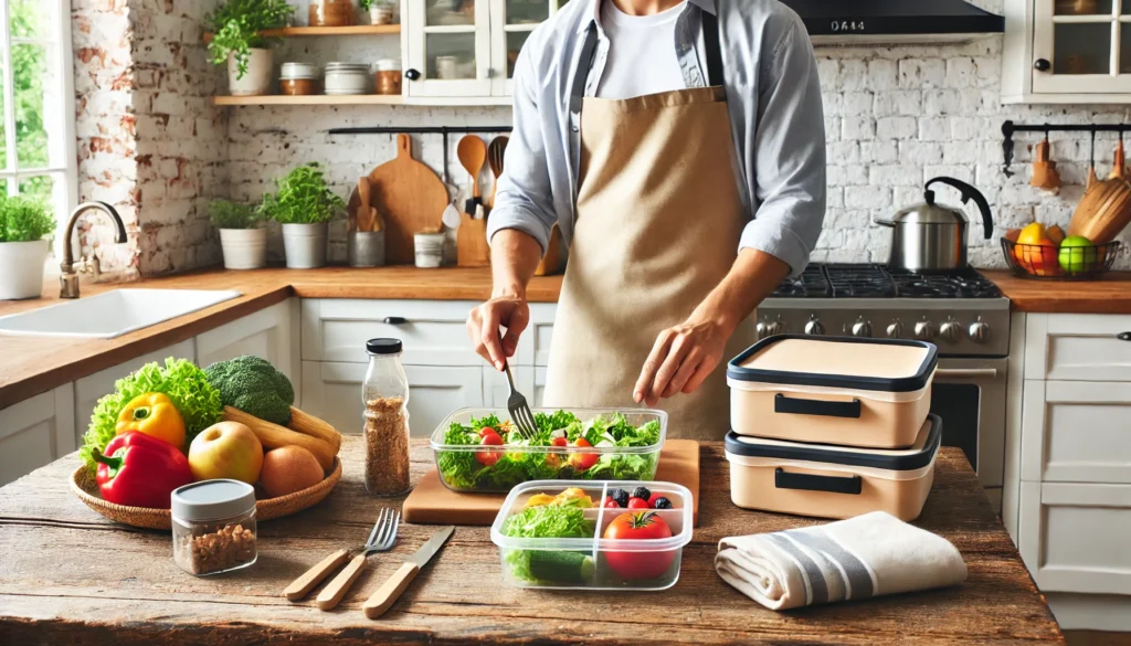 A person is preparing a homemade meal in a cozy, well-organized kitchen using fresh, budget-friendly ingredients. The scene emphasizes reusable containers and minimal waste, symbolizing smart financial choices and frugal living