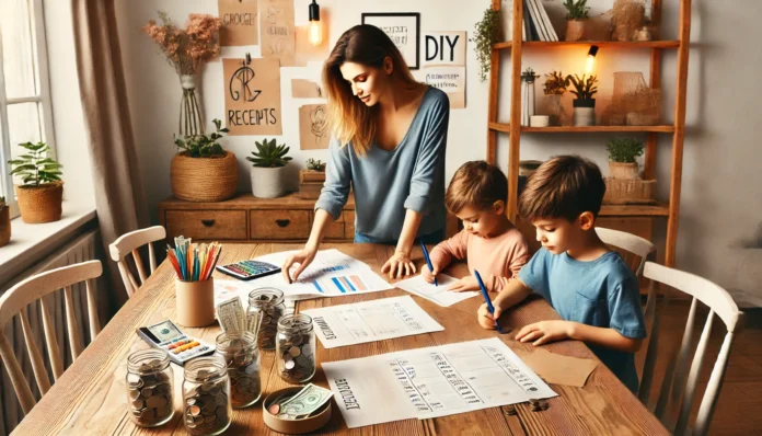 Family budgeting night at home with kids sorting coins and receipts, showing hands-on frugal living and money education in a cozy, cost-conscious household