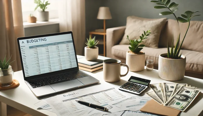 A clean and minimalist home office desk setup with a laptop displaying a budgeting spreadsheet, paper bills, and a coffee mug—symbolizing frugal bill tracking and organized monthly budgeting