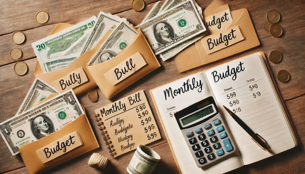 A tabletop flat lay with bill envelopes, a calculator, handwritten budget sheets, and sorted cash—visually capturing a frugal and hands-on method for monthly bill tracking and budgeting