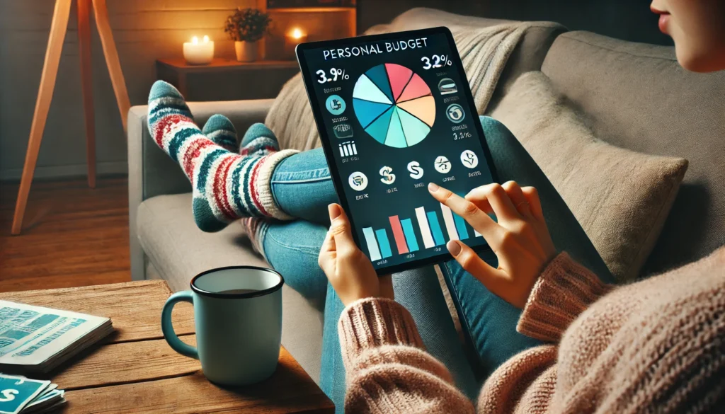 A cozy living room scene with a person budgeting on a tablet, displaying a colorful pie chart—visually symbolizing digital bill tracking and frugal living from the comfort of home