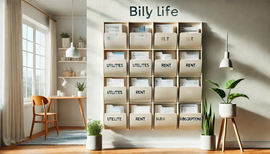 A bright, minimalist wall-mounted bill organizer with tidy folders representing utilities, rent, and subscriptions—symbolizing a frugal and simplified system for managing monthly bills at home